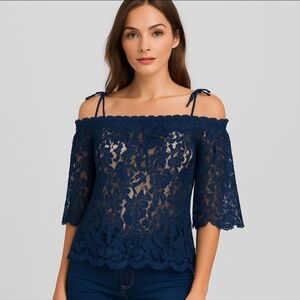 PRINCESS GOES HOLLYWOOD Blue lace off The Shoulder Blouse Top Sz S NEW